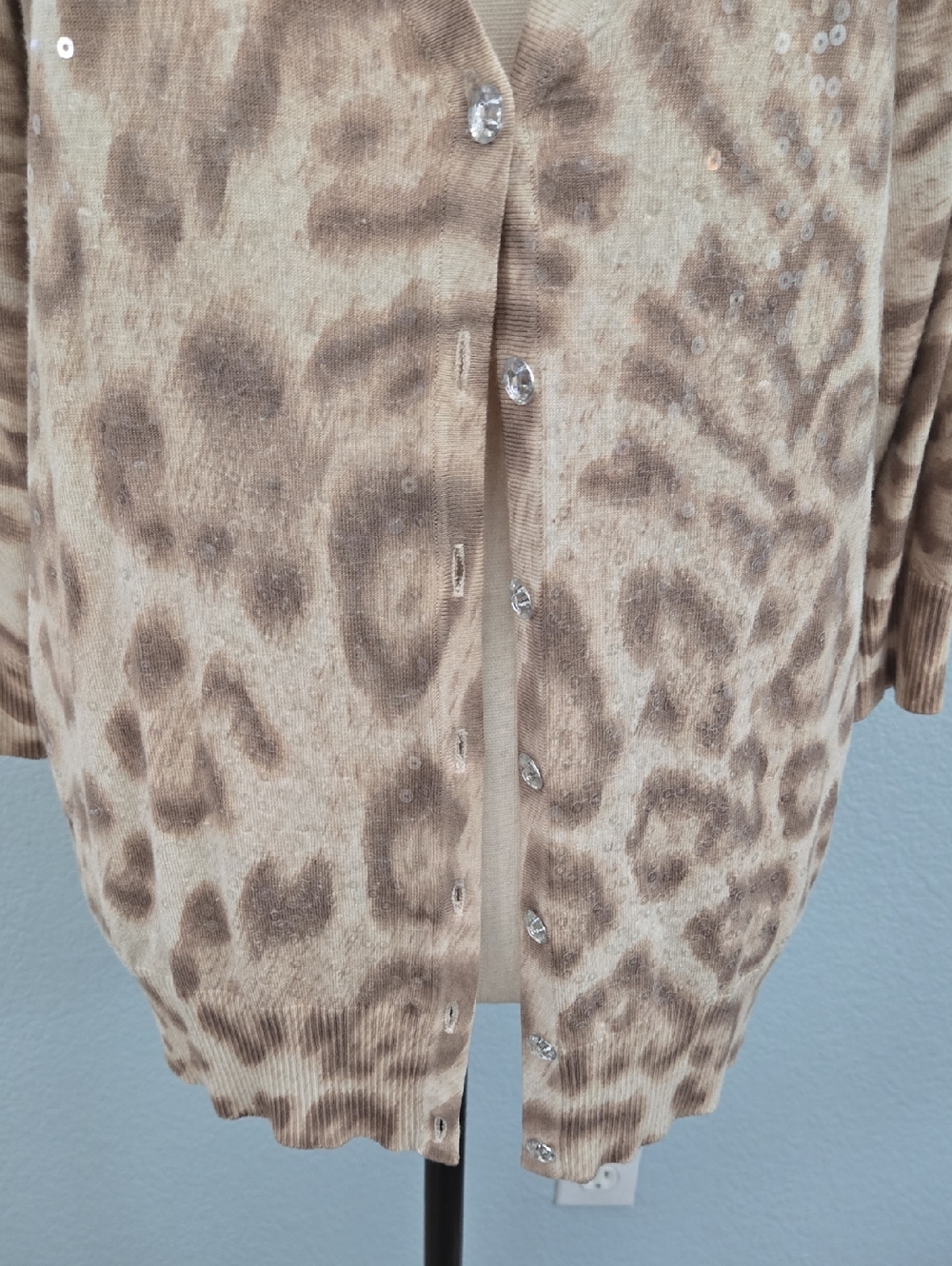 INC Cheetah Sequined Cardigan Deep V Sweater 3/4 Sleeves Sparkle Buttons Sz 1X - Picture 4 of 8